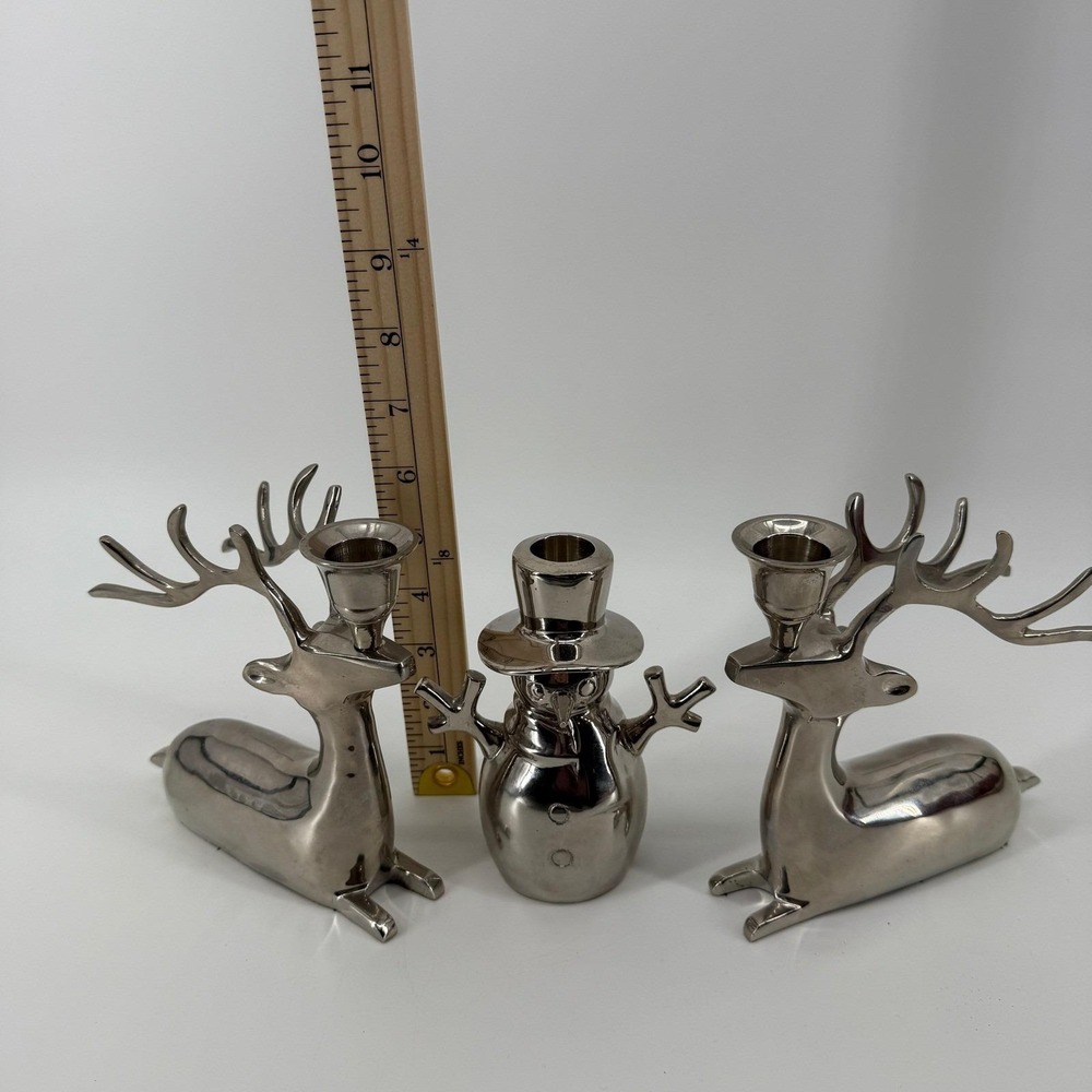 Set of 3 Silver Metal Reindeer & Snowman Candle Holders Modern Christmas Decor - Picture 7 of 13